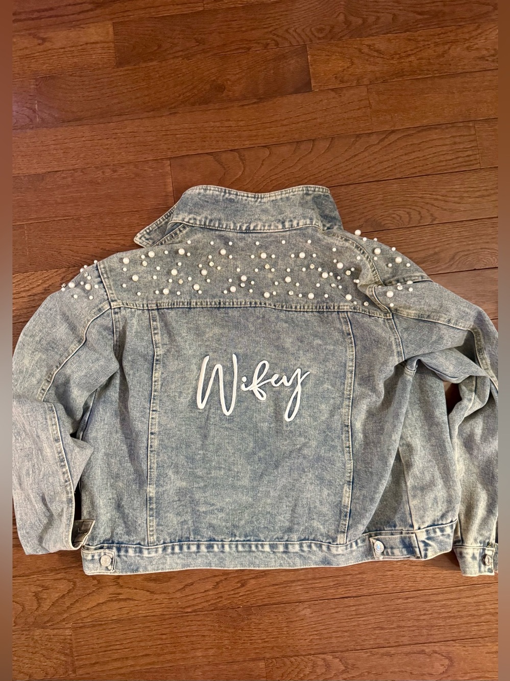 Pearl Embellished 'Wifey' Light Wash Denim Jacket